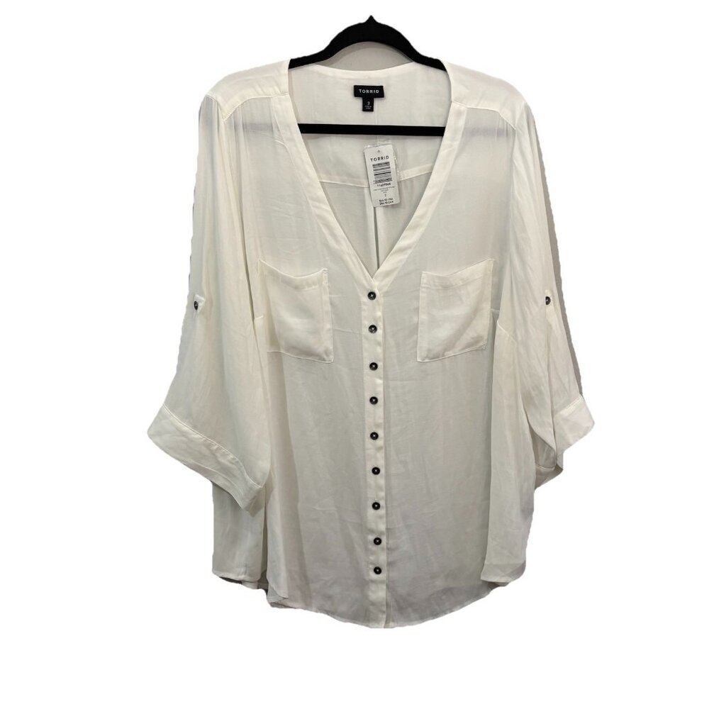 Torrid White Button Down Shirt 3/4 Rolled Sleeve V Neck Women Size 3X
